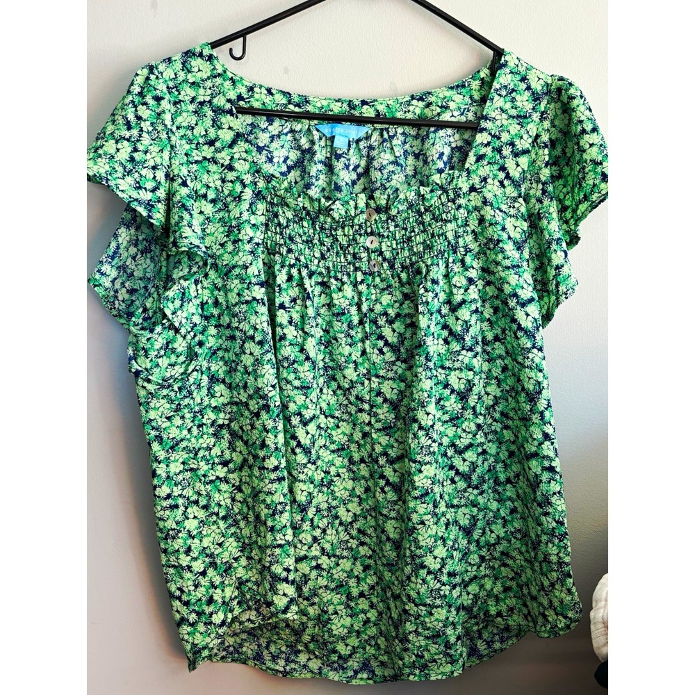 Women's Blouse Draper James Green Blue Floral Round Neck Cap Sleeve Pullover L